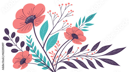Floral Vector Illustration with Spring Flowers and Leaves – Botanical Design for Backgrounds and Seasonal Decoration

