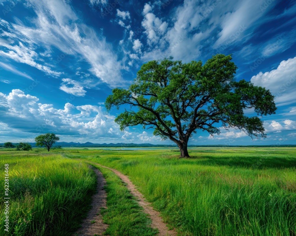 Obraz premium Lush meadow path under dramatic sky