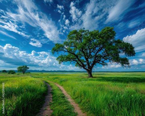 Fototapeta Naklejka Na Ścianę i Meble -  Lush meadow path under dramatic sky