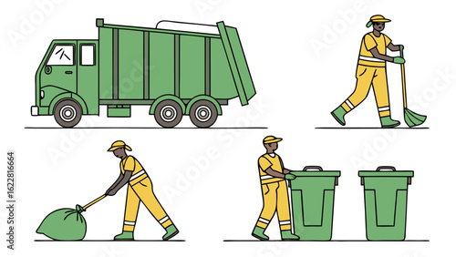 "Garbage Truck & Sanitation Workers Cleaning Streets – Waste Management and Recycling Service Vector Illustration"