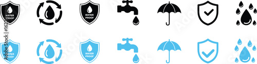Waterproof icons, water drop symbols, protection shield, water cycle signs, tap water, umbrella icon, water resistant, blue and black design, vector flat illustration