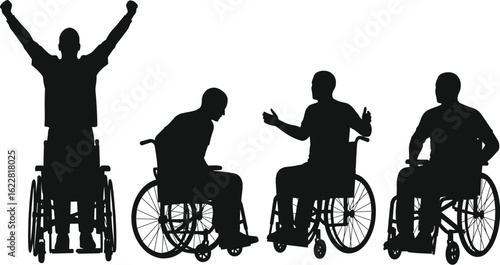 Triumph over adversity, disabled man in wheelchair celebrating success and overcoming challenges with determination and positive spirit, silhouette vector illustration.