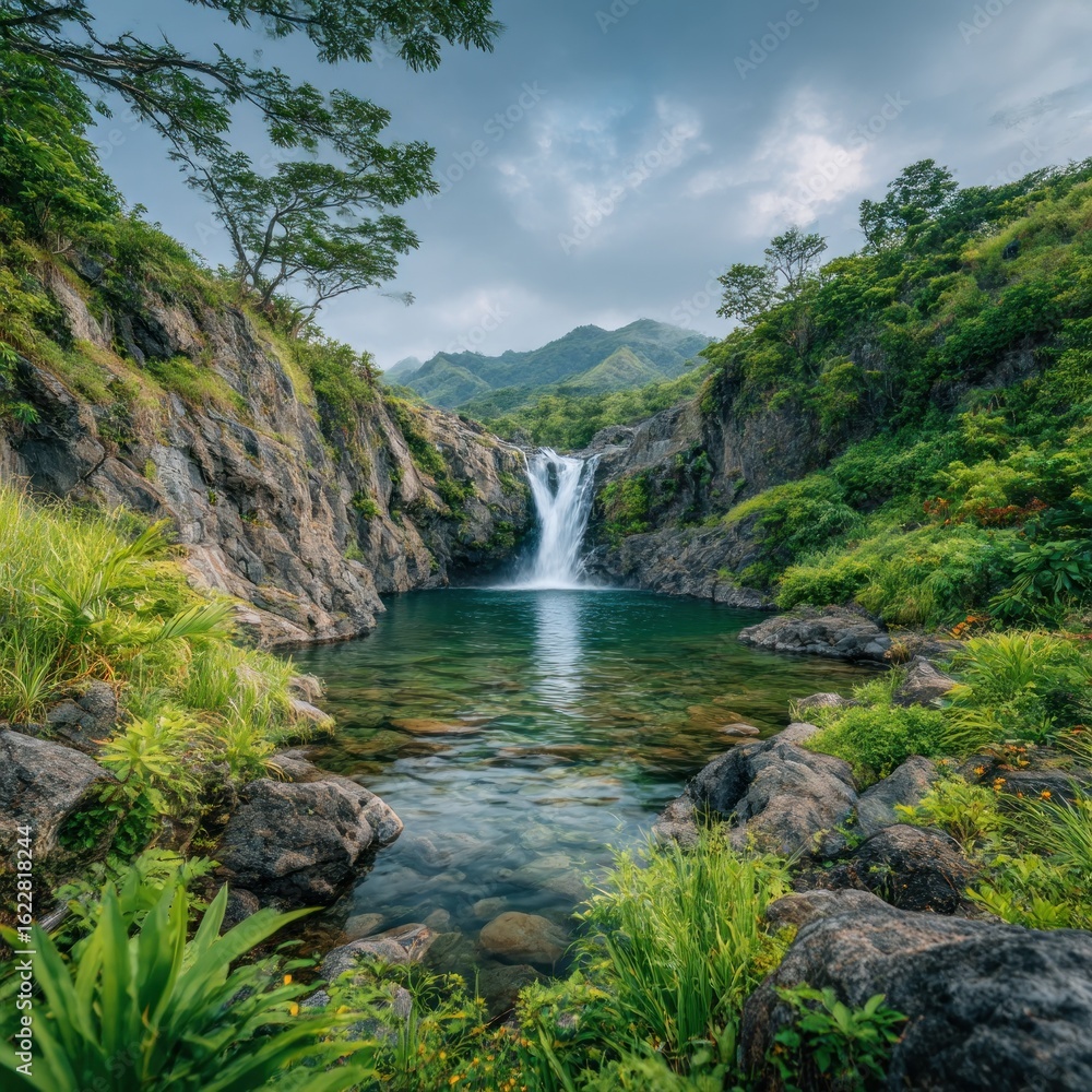 Fototapeta premium Lush waterfall cascading into a pool