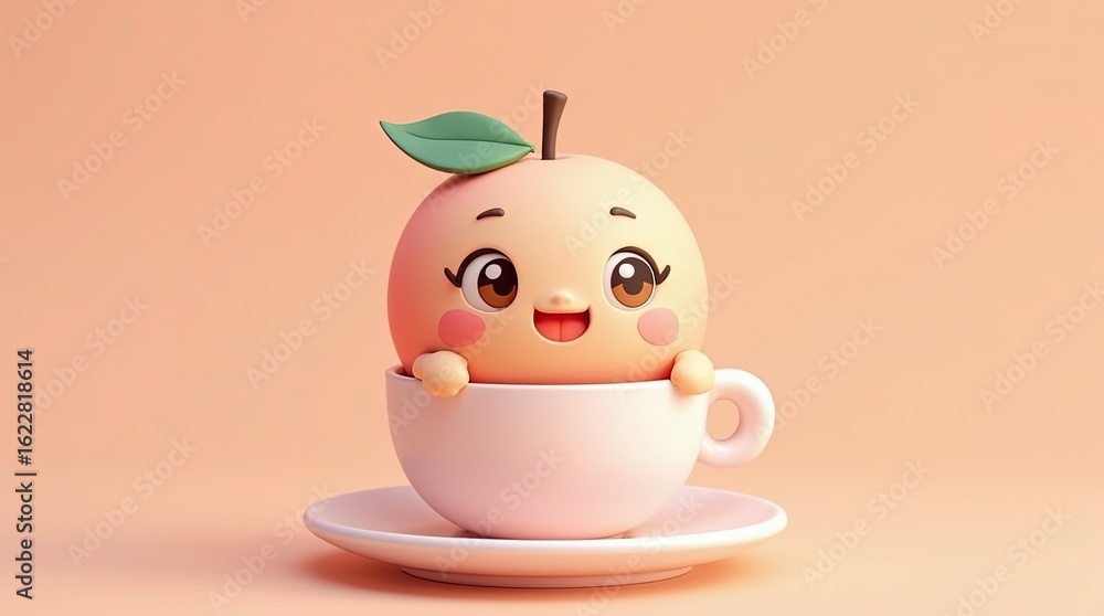 Fototapeta premium A happy 3D-rendered teacup with a cheerful face, sitting on a peach background in ultra-high-definition 8K