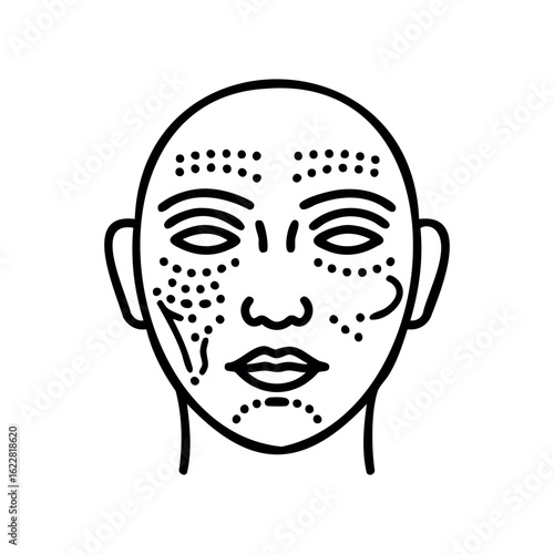 Facial acupuncture points diagram with female outline for therapeutic practices – stock vector icon in line style