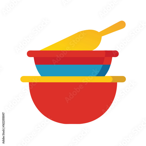 Stacked Colorful Bowls with Spoon Illustration for Cooking or Food Preparation on white background