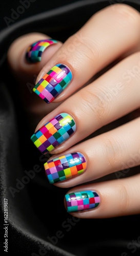 Wallpaper Mural Close-up of nails with multicolored square nail art, showcasing vibrant colors and geometric design, representing creativity and modern style Torontodigital.ca