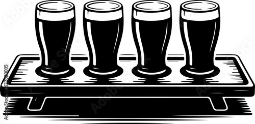 Black silhouette vector of a beer flight tray holding four small beer glasses in a row 