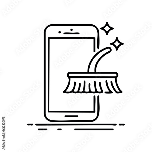 Smartphone cleanup icon with broom symbolizing digital cleaning – stock vector icon in line style