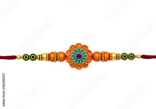 Vibrant indian rakhi bracelet with orange and gold flower medallion on white background