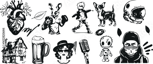 Fun Costume Character Doodle Set – Kids, Dress Up, Pirate, Ninja, Hat, Toy, Cute, Sketch Art, Hand Drawn, Cartoon Style, Roleplay, Mascot, Comic, Outfit, Mask, Fun Activity