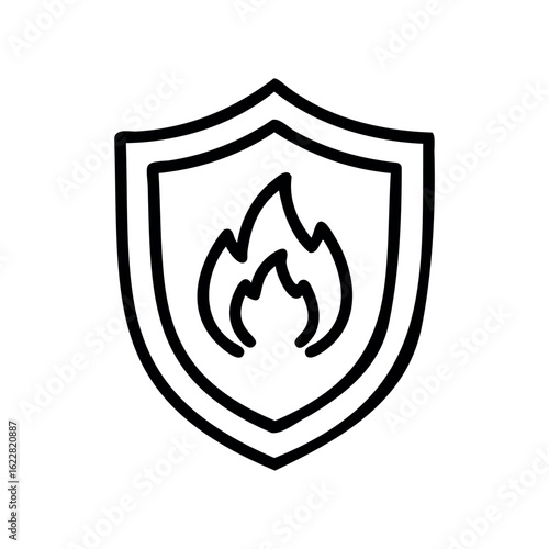 Fire protection icon featuring flame shield symbol in outline style – stock vector icon in line style