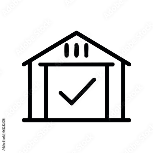 Warehouse icon with check mark symbolizing approval and reliability – stock vector icon in line style