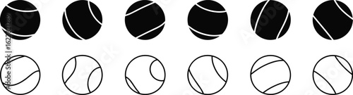 Tennis ball icon set, solid and outline versions, minimal flat style, sport equipment vector, clean graphic design elements collection