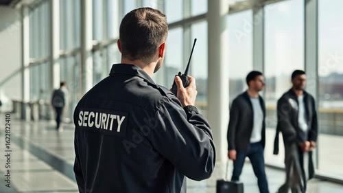Security officer using walkie talkie inside modern building during patrol with copy space.