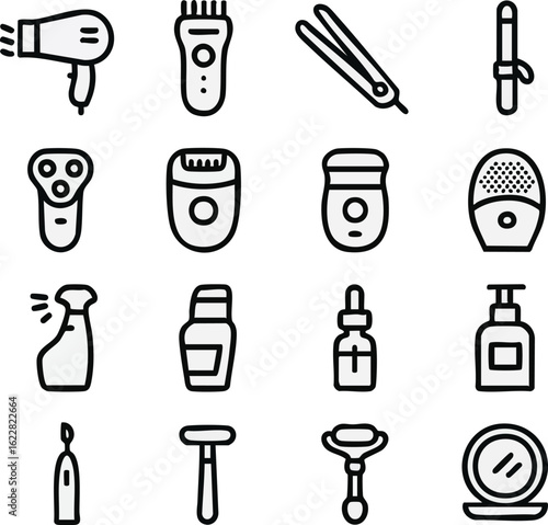 Beauty hair care tools set vector illustration hair dryer straightener epilator and other beauty tools