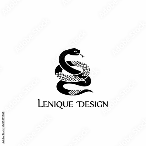 Coiled snake with patterned scales and forked tongue, stylized black vector illustration