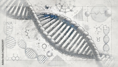 Sketch-style illustration of a DNA molecule, showcasing its double-helix structure