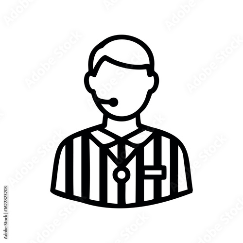 Male referee icon with headset and whistle for sports and communication – stock vector icon in line style