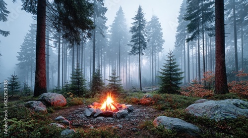Fototapeta Naklejka Na Ścianę i Meble -  Misty forest campfire