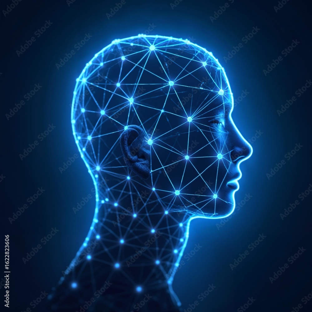 Obraz premium Neon Blue Wireframe Profile of a Human Head with Interconnected Nodes