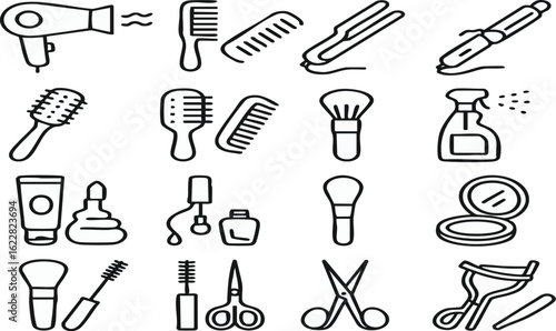 Hair styling tools icons set hair dryer comb hair straightener curling iron brush beauty salon equipment