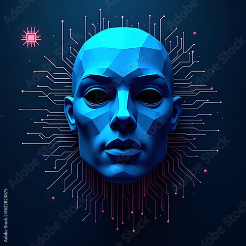 Blue Geometric Human Head with Circuitry Overlay
