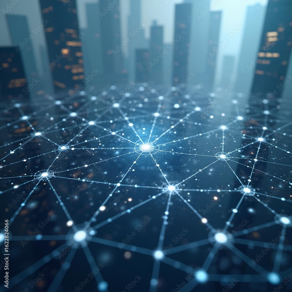 Obraz premium Interconnected Network Nodes Over a Cityscape Background