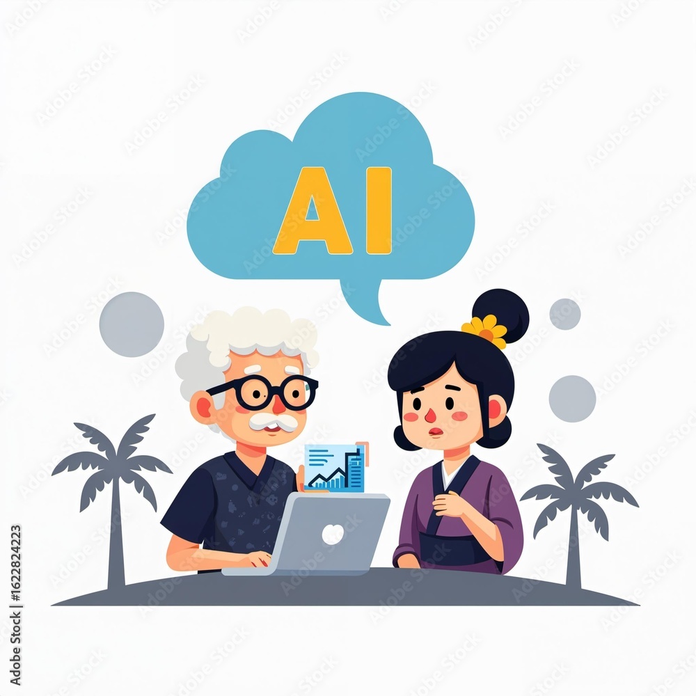 Fototapeta premium Two individuals discussing AI, with a laptop and thought bubble indicating artificial intelligence.