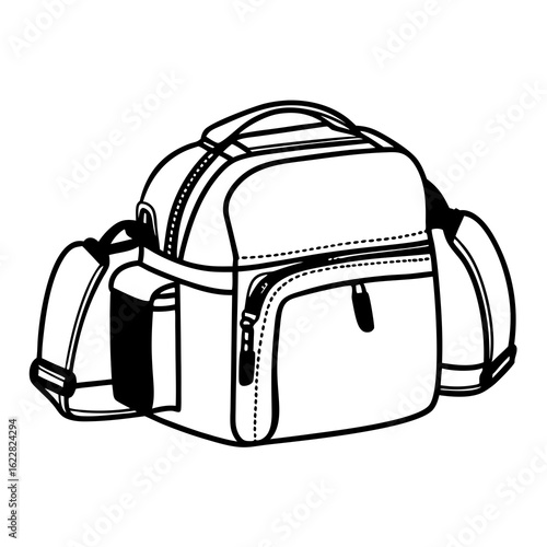 Black and white line drawing of a camera bag with straps and zippers on a white background luggage accessory