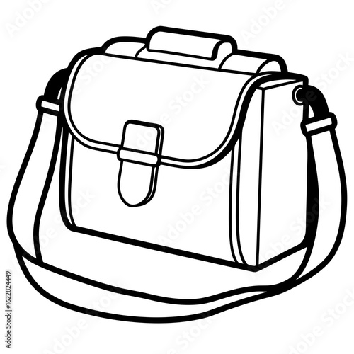 Black and white line drawing of a satchel bag with a shoulder strap on a white background messenger bag