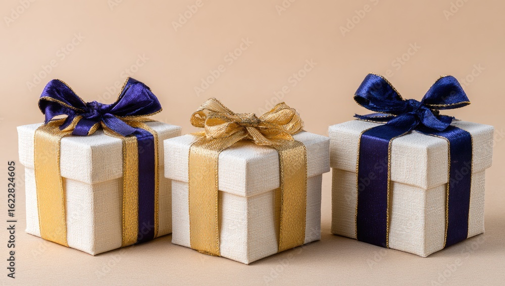 Obraz premium Three small white gift boxes with gold and navy blue ribbons