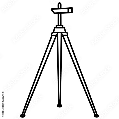 Black outline drawing of a tripod stand with a directional sign on a white background pointer arrow