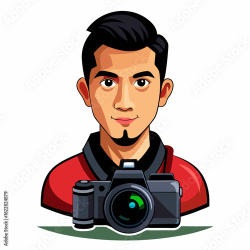 Cartoon man with black hair and goatee wearing a red jacket holding a black camera with a green lens reflection