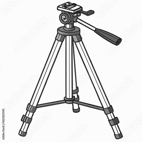 Gray and black camera tripod with adjustable legs and pan tilt head on white background camera accessory
