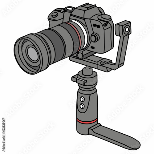 Gray camera mounted on a gimbal stabilizer with red accent on white background photography videography