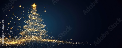 golden glittering shiny christmas tree on blue background banner illustration