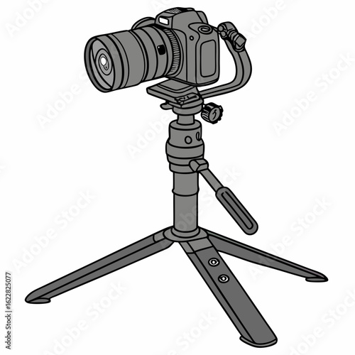 Gray digital camera mounted on a tripod with a gimbal stabilizer on a white background vector