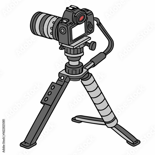 Gray digital camera with zoom lens mounted on a tripod with black and gray accents on a white background