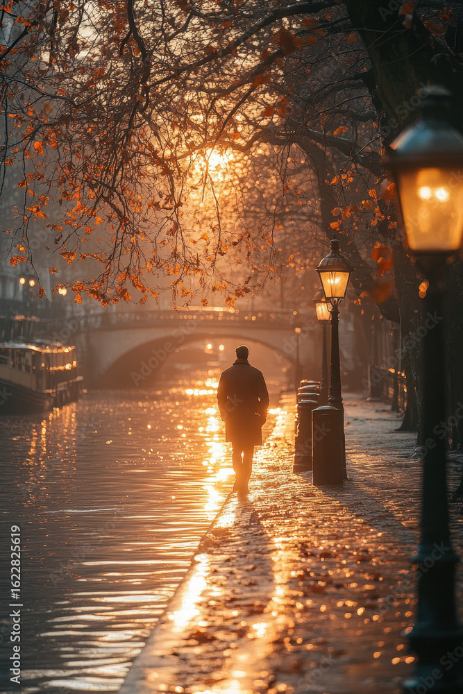 Fototapeta premium Man walking along canal at sunset.