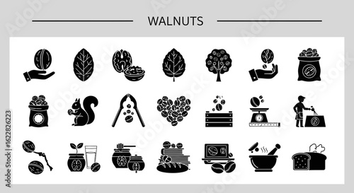 Walnut Icons: Solid Black Collection of Nuts and Healthy Snacks