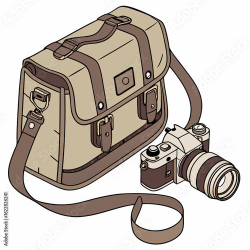 Tan camera bag and vintage camera with brown straps on white background DSLR lens