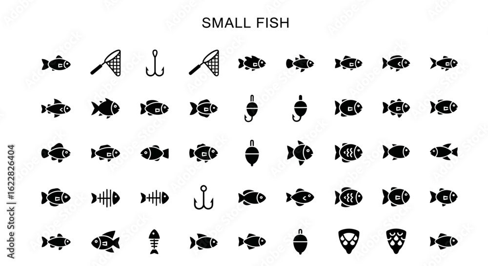 Fototapeta premium Small Fish Icons: Solid Black Collection of Marine Life and Seafood