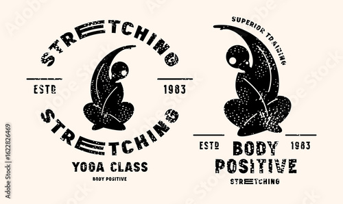 Body positive stretching class emblem. Graphic design with typographic and silhouettes of girl in asana. Gray print with rough texture on white background