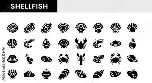 Shellfish Icons: Solid Black Collection of Marine Food and Seafood