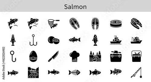 Salmon Icons: Solid Black Collection for Fish, Seafood, and Protein