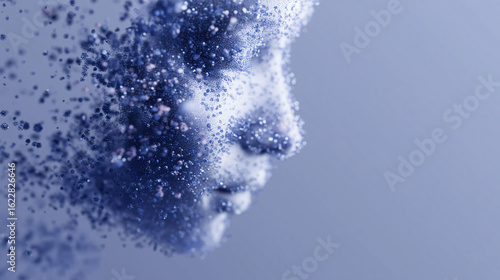 Abstract Digital Human Face Dissolving into Data Particles – AI Consciousness and Futuristic Technology Concept

