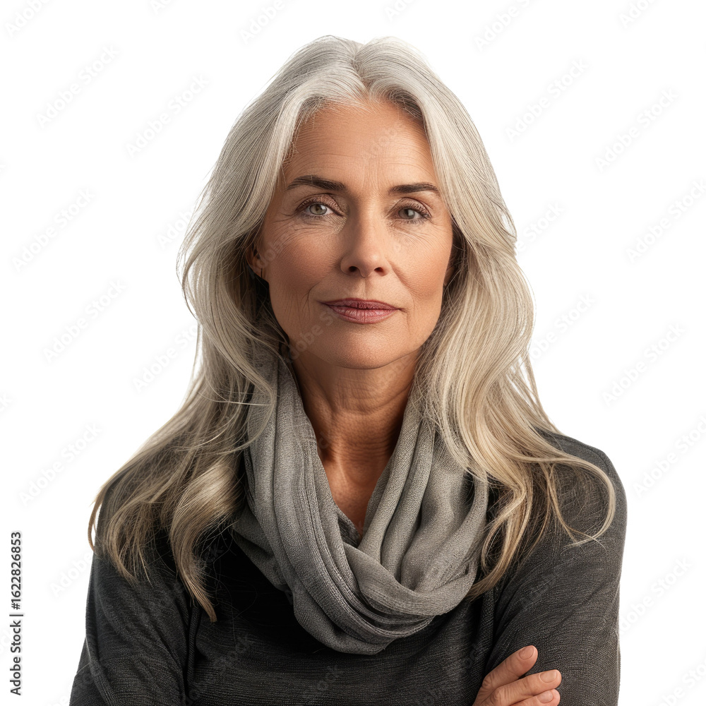 Naklejka premium Portrait of a confident mature woman with long silver hair, wearing a gray scarf. background removed