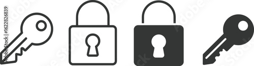 Security key lock icons, padlock and key symbols, locked and unlocked states, access control, data protection, safety, flat vector design, minimal UI illustration