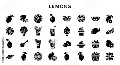 Lemon Icons: Solid Black Collection of Citrus Fruits and Flavoring